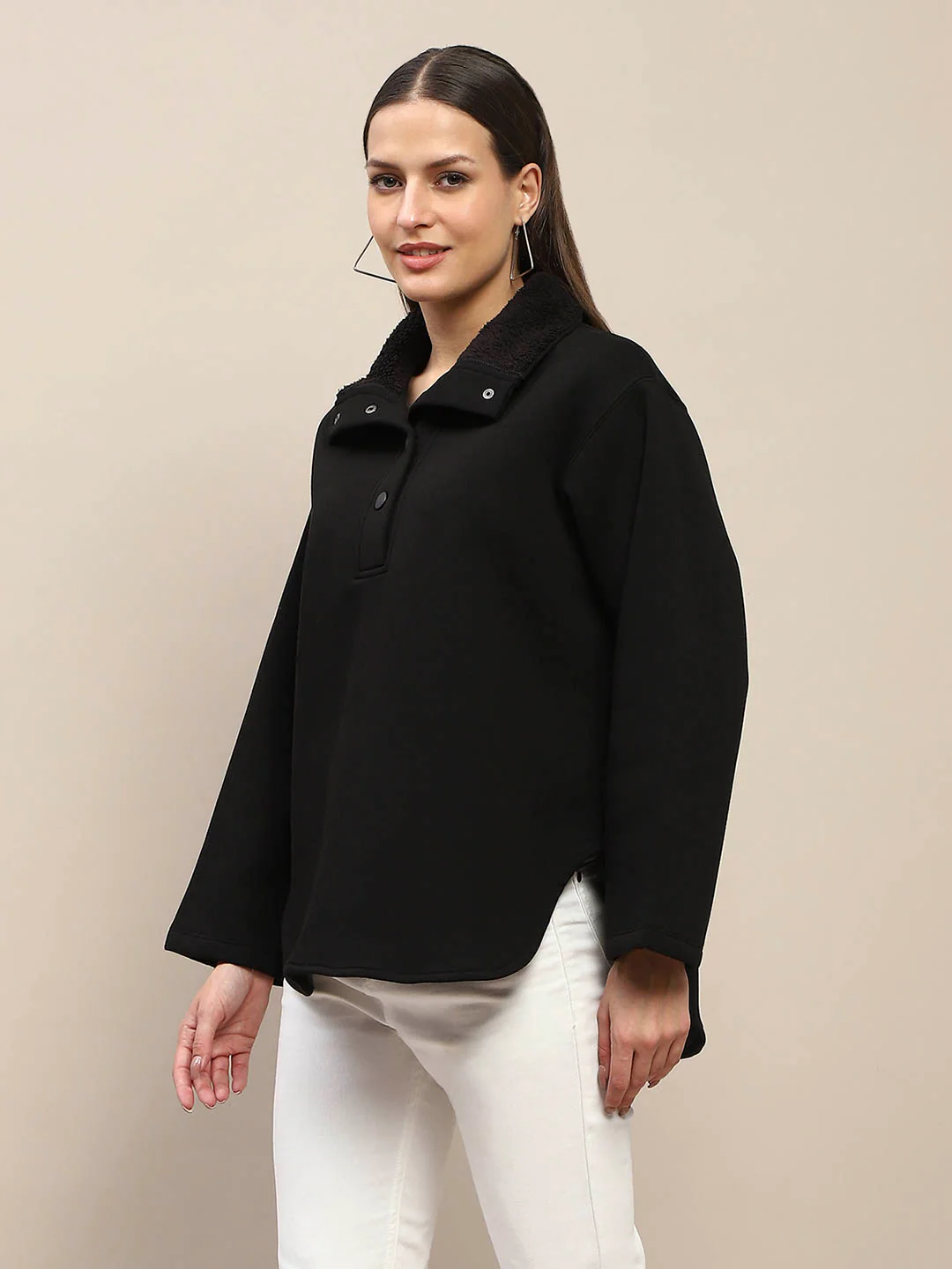 Madame Fleece Fur Attached Buttoned Black Zipper Sweatshirt - Image 5