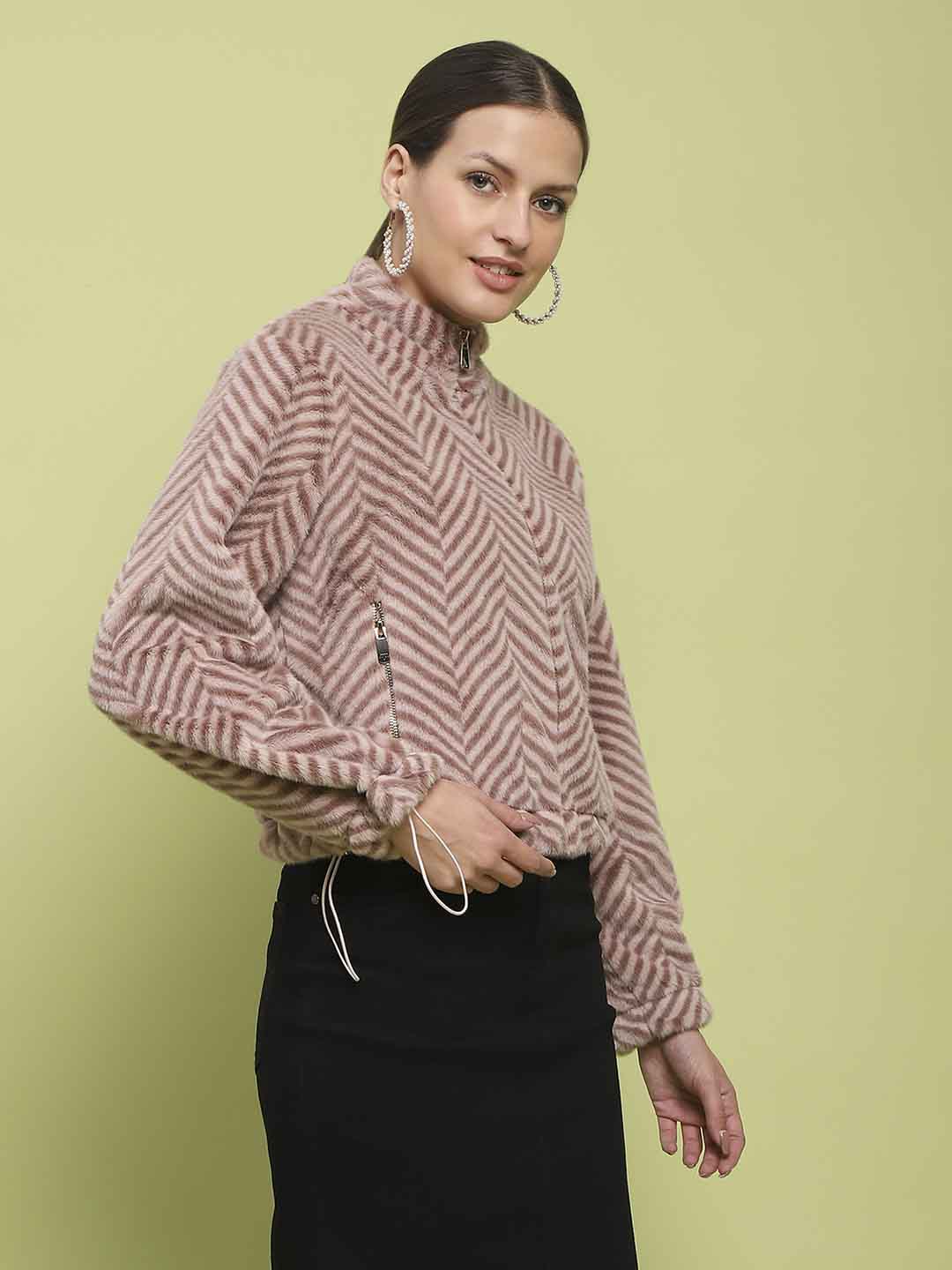 Madame Geometric Psttern Zipped Brown Sweatshirt - Image 3