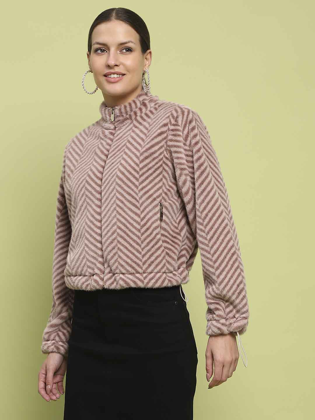 Madame Geometric Psttern Zipped Brown Sweatshirt - Image 4
