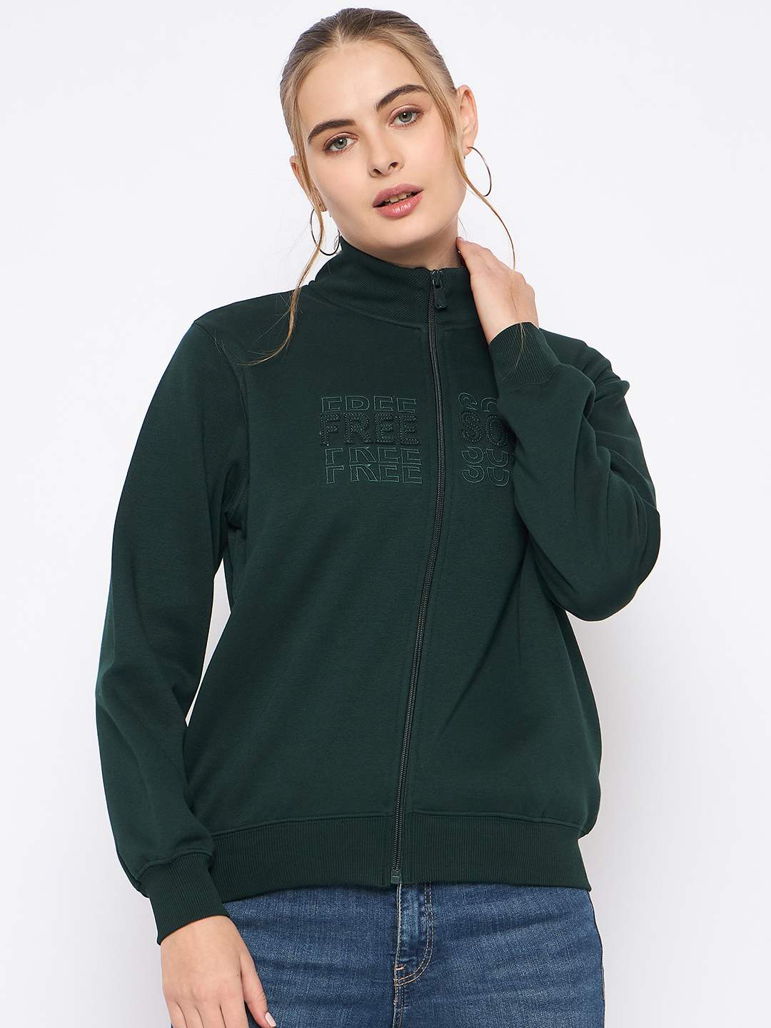 Madame Fleece Embroidery Detailed Turtleneck Bottle Green Sweatshirt - Image 3
