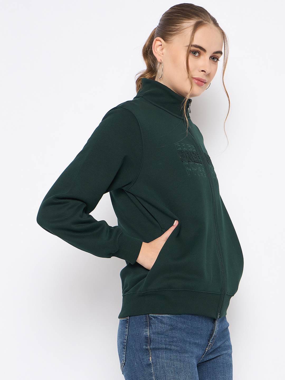 Madame Fleece Embroidery Detailed Turtleneck Bottle Green Sweatshirt - Image 4