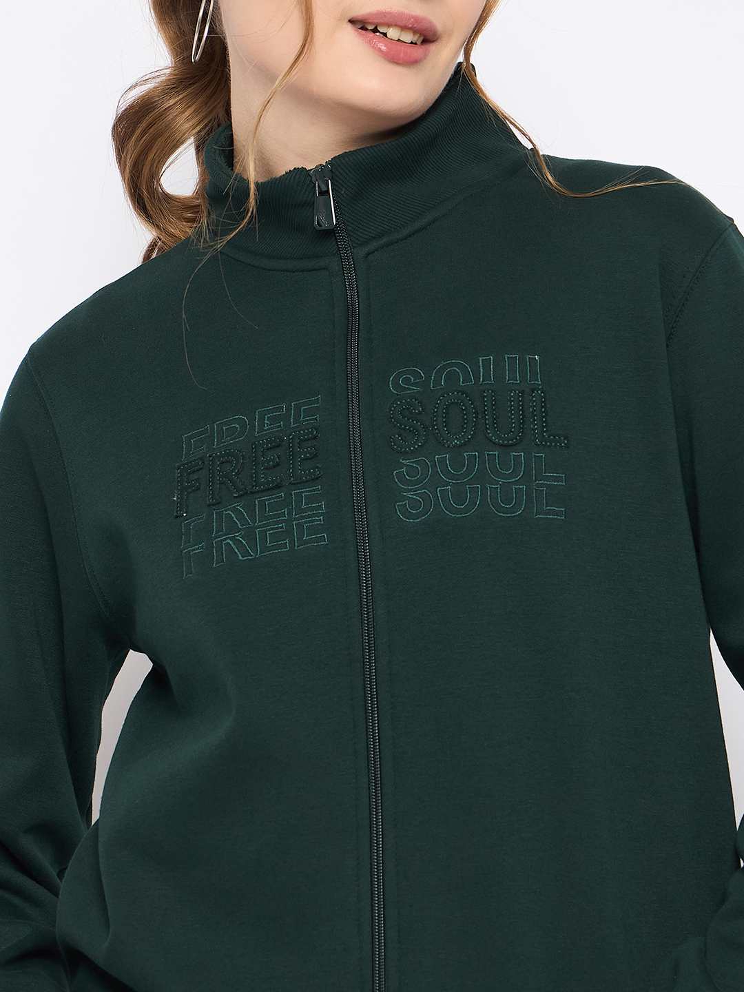 Madame Fleece Embroidery Detailed Turtleneck Bottle Green Sweatshirt - Image 7