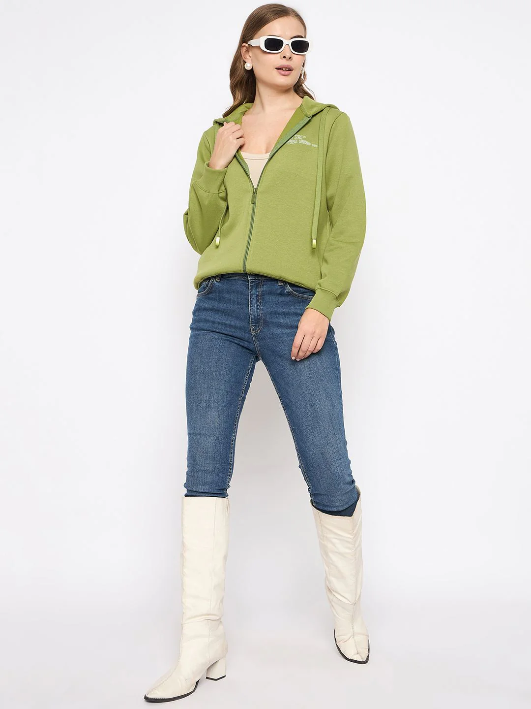 Madame Fleece Placement Printed Zipped Olive Grab Hooded Sweatshirt - Image 2