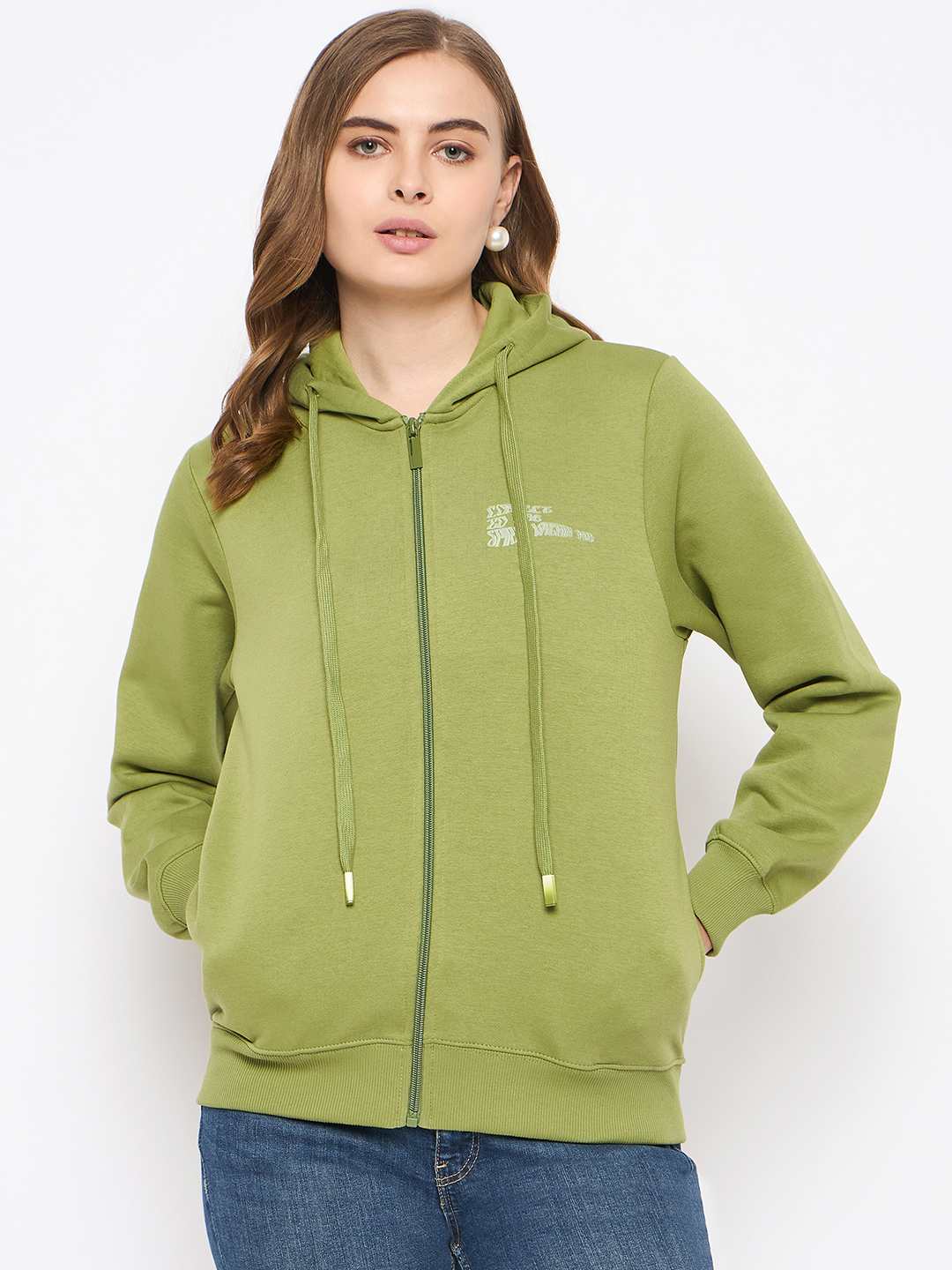 Madame Fleece Placement Printed Zipped Olive Grab Hooded Sweatshirt - Image 3