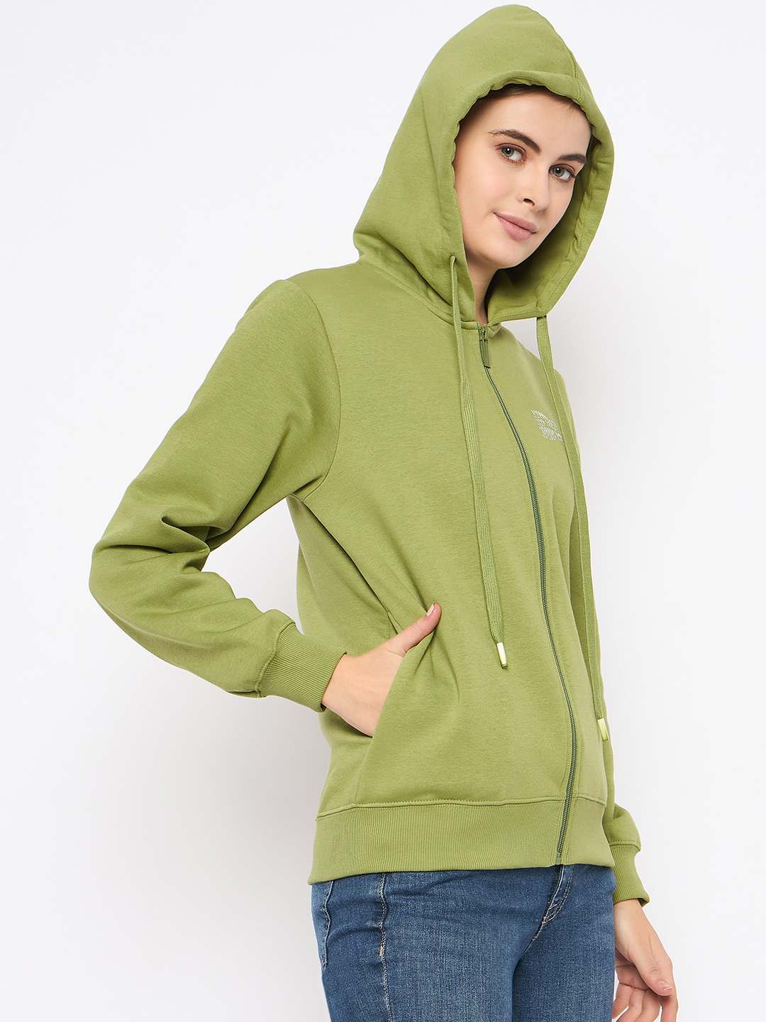 Madame Fleece Placement Printed Zipped Olive Grab Hooded Sweatshirt - Image 5