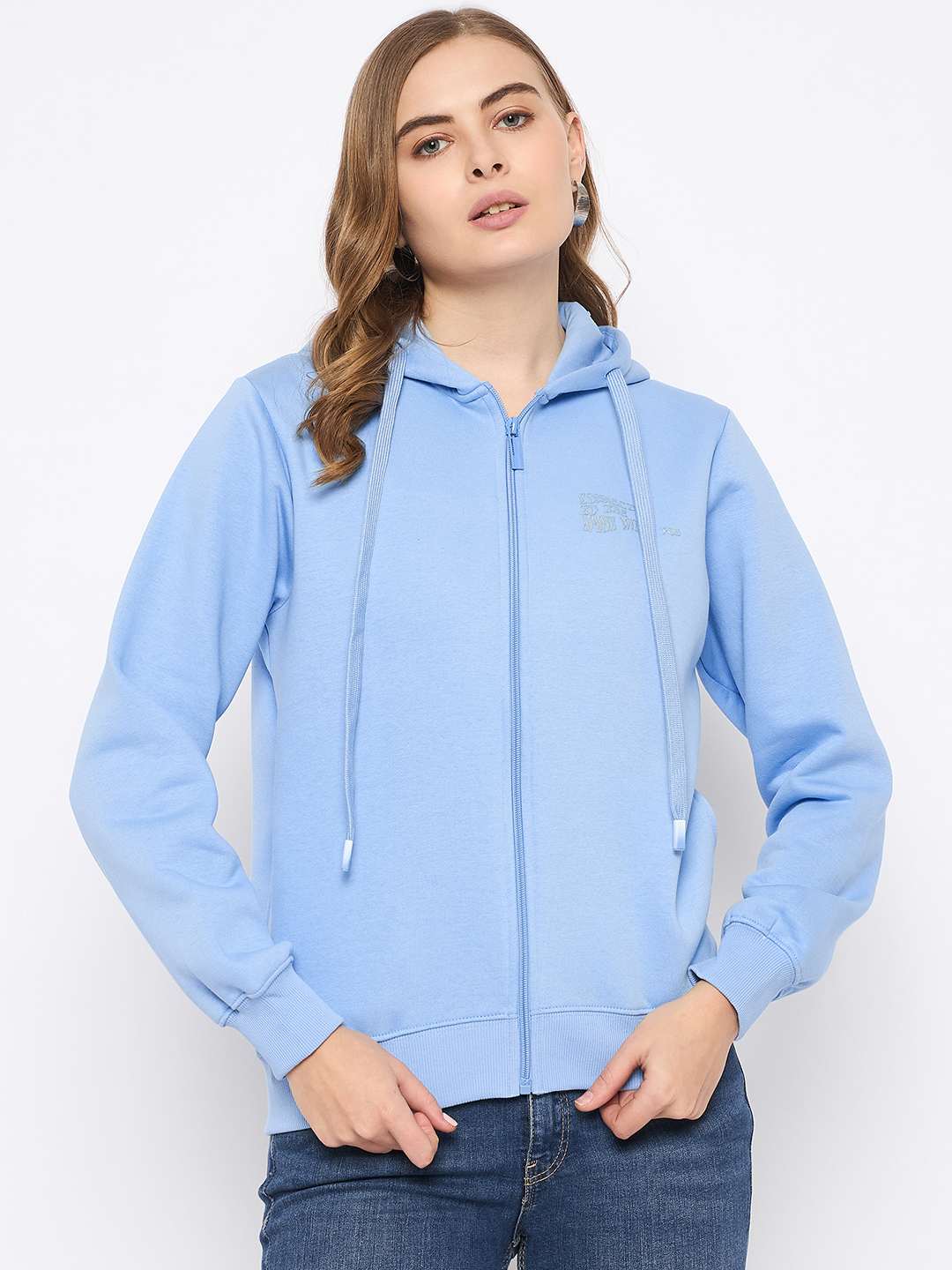 Madame Fleece Placement Printed Zipped Powder Blue Hooded Sweatshirt - Image 3