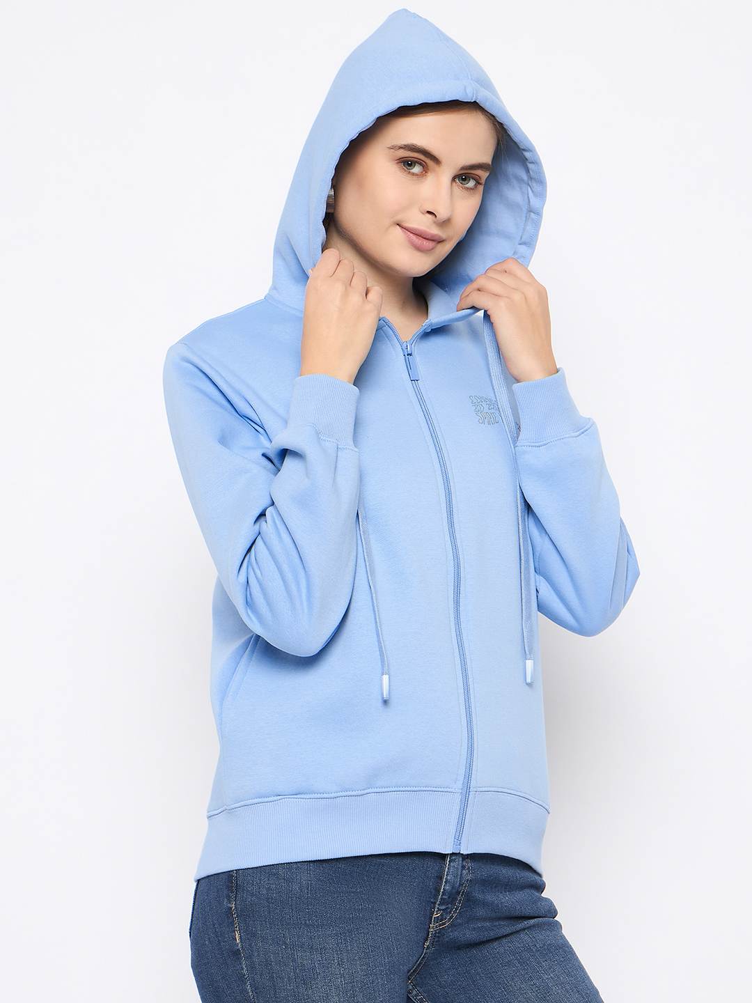 Madame Fleece Placement Printed Zipped Powder Blue Hooded Sweatshirt - Image 4