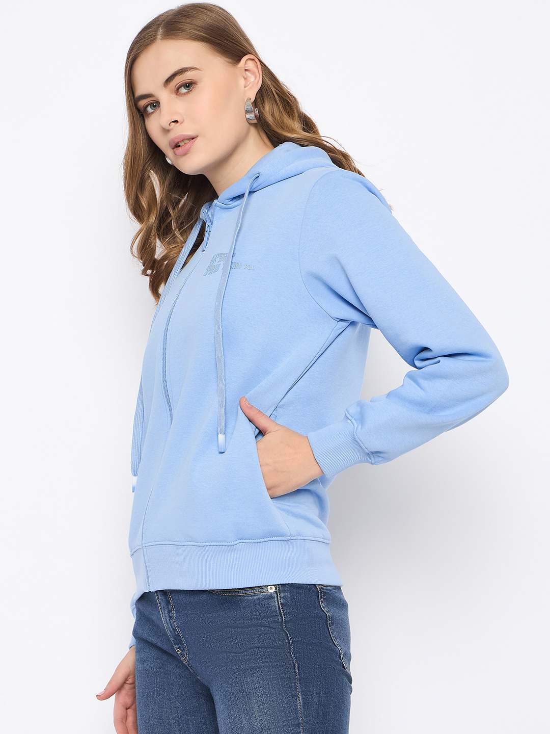Madame Fleece Placement Printed Zipped Powder Blue Hooded Sweatshirt - Image 5