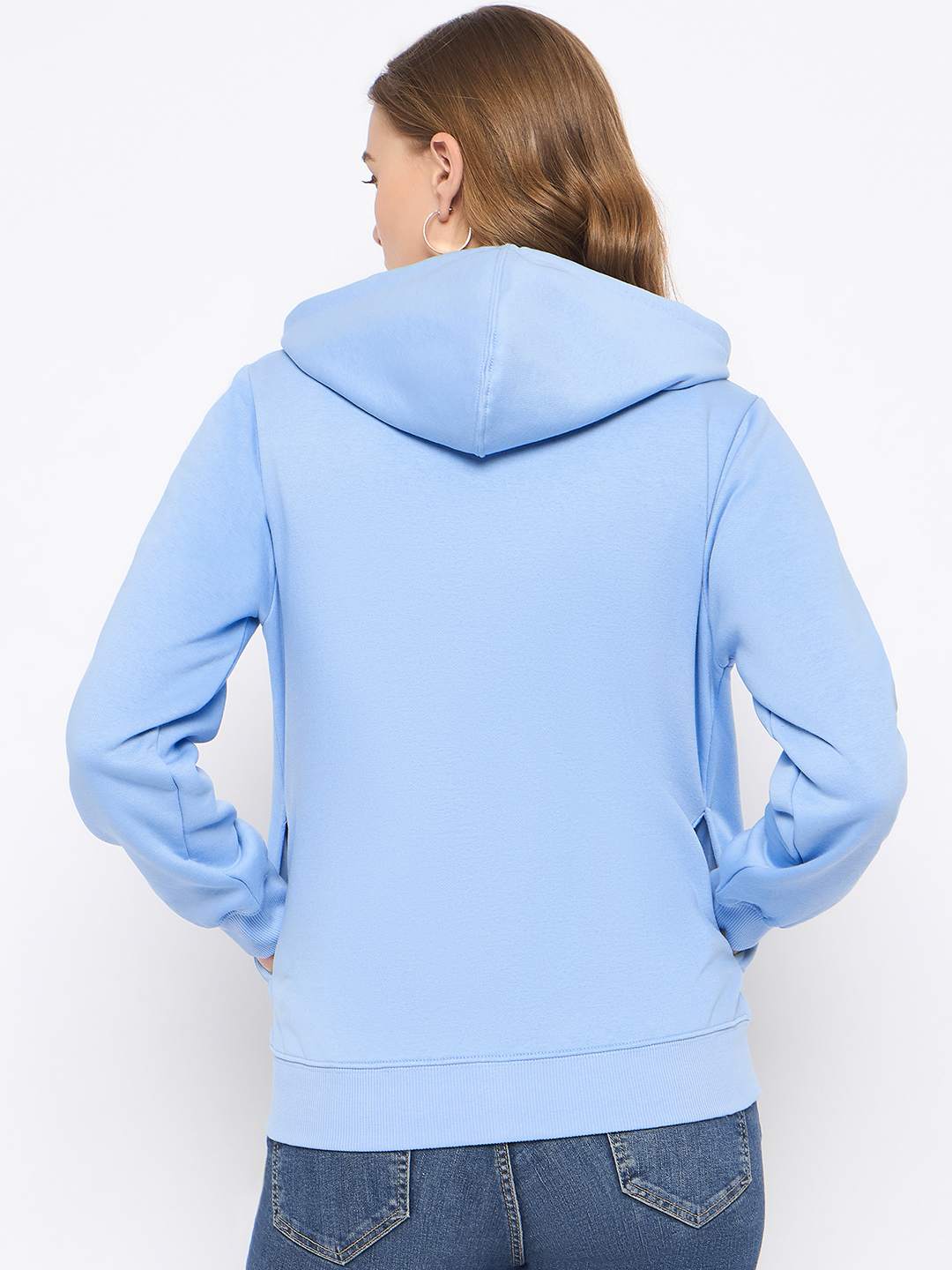Madame Fleece Placement Printed Zipped Powder Blue Hooded Sweatshirt - Image 6