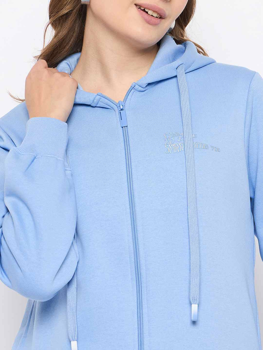 Madame Fleece Placement Printed Zipped Powder Blue Hooded Sweatshirt - Image 7
