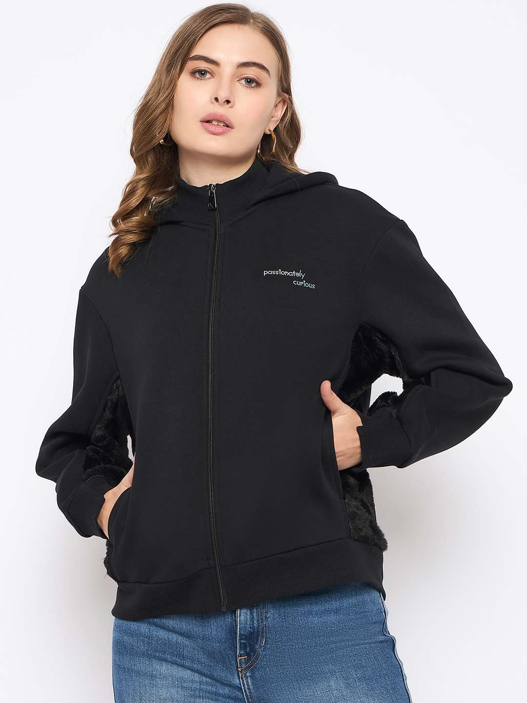 Madame Placement Print with Cut & Sew Fur Black Zipped Sweatshirt - Image 3