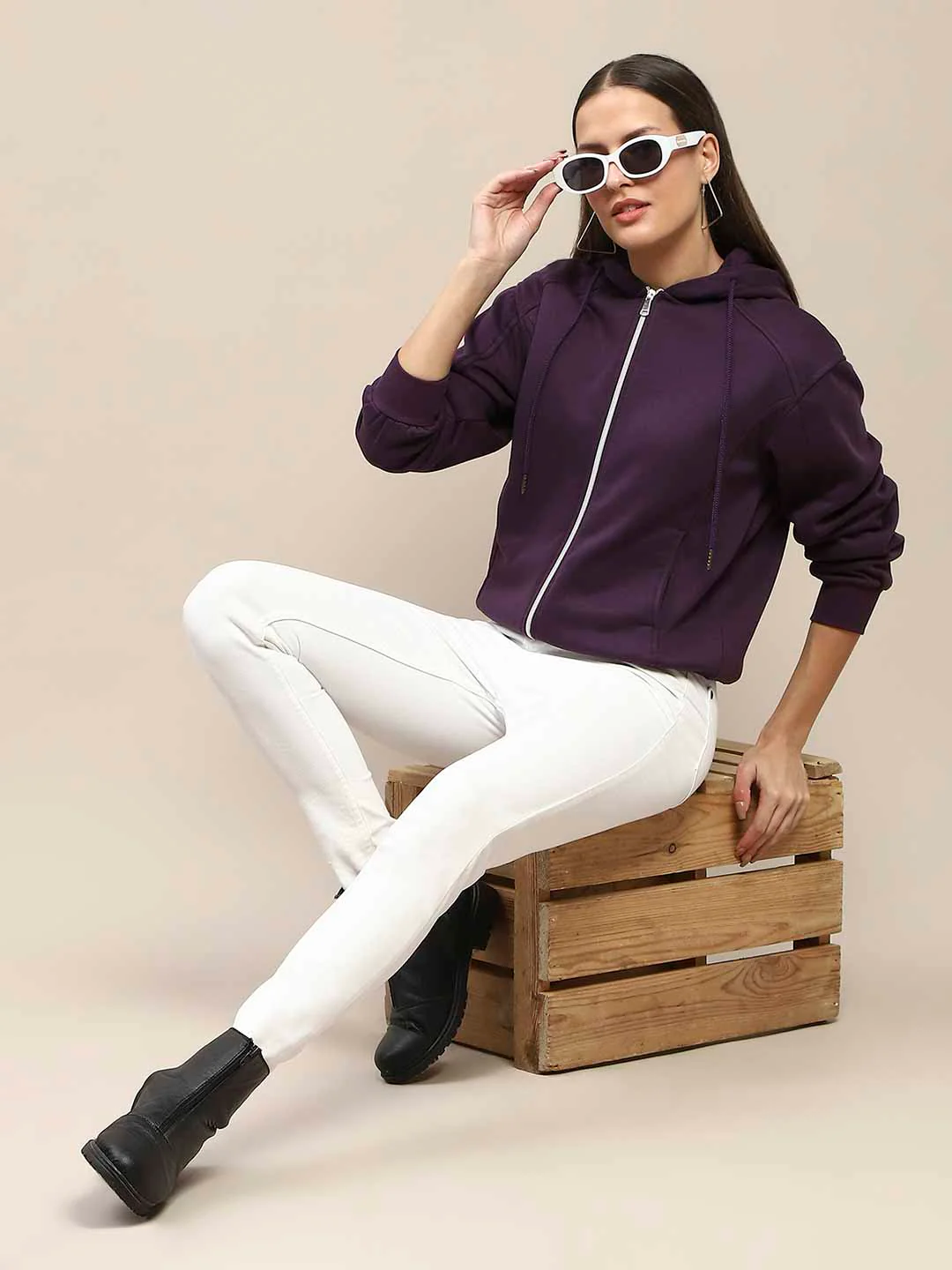 Madame Fleece Cut And Sew Detailed Zipped Purple Hoodie - Image 2