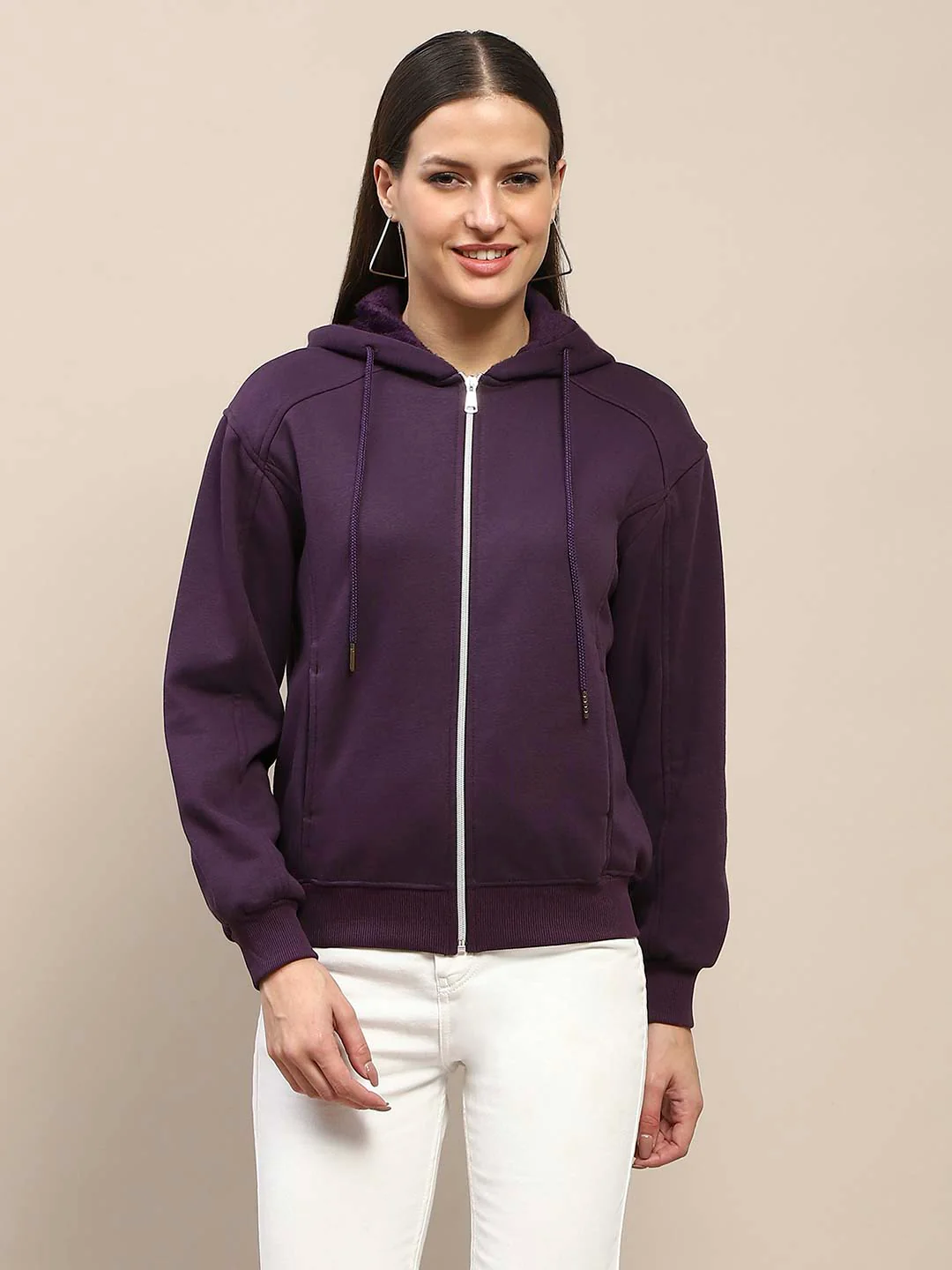 Madame Fleece Cut And Sew Detailed Zipped Purple Hoodie - Image 3