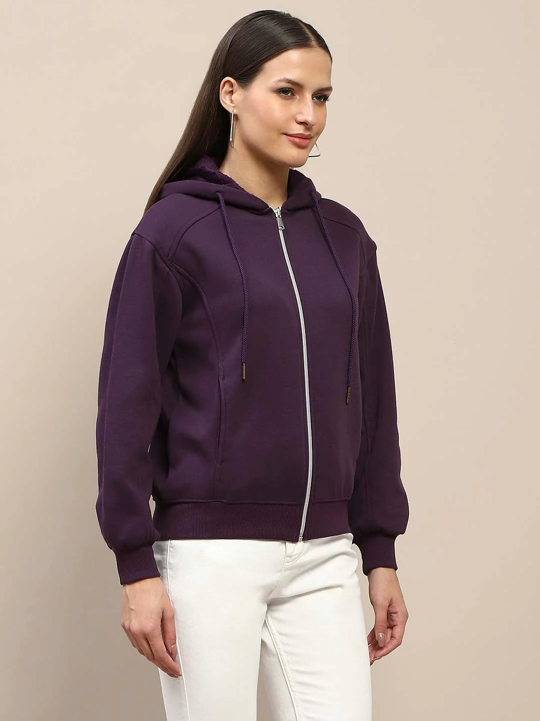 Madame Fleece Cut And Sew Detailed Zipped Purple Hoodie - Image 4