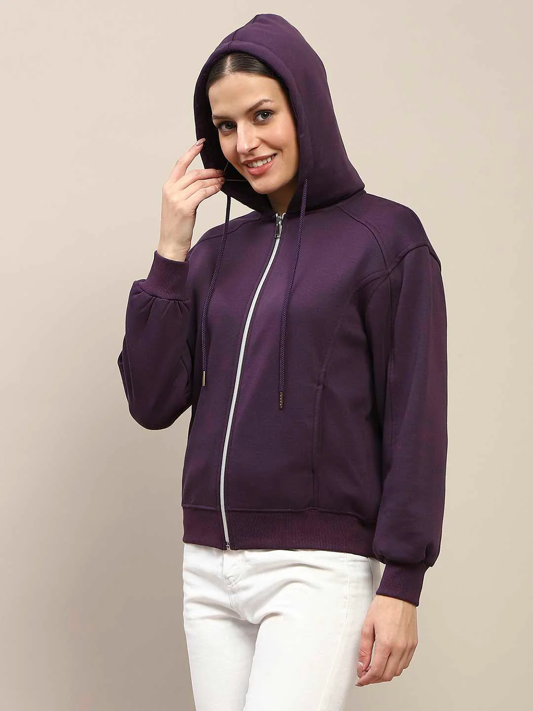 Madame Fleece Cut And Sew Detailed Zipped Purple Hoodie - Image 5