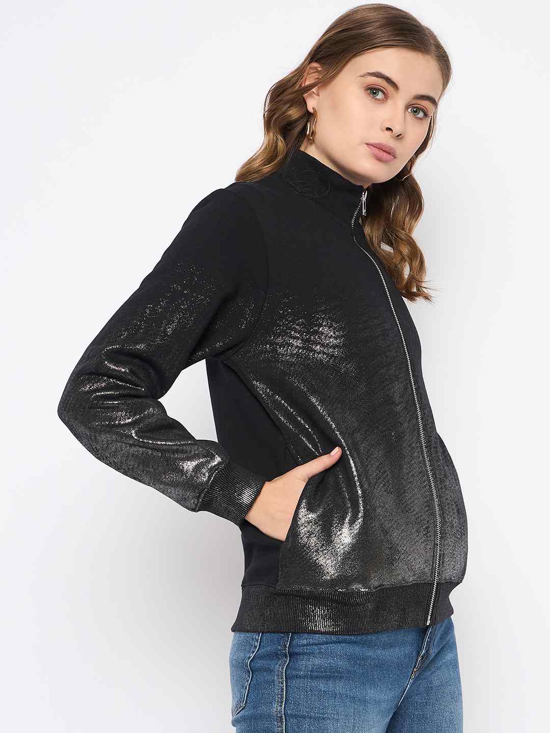 Madame Cotton Blend Quilted Zipped Black Sweatshirt - Image 4