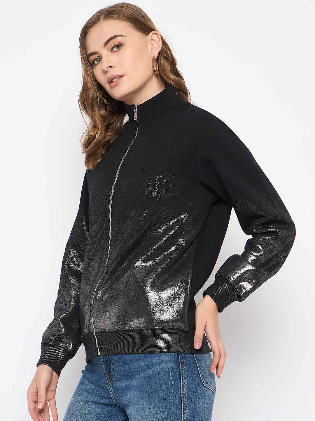 Madame Cotton Blend Quilted Zipped Black Sweatshirt - Image 5