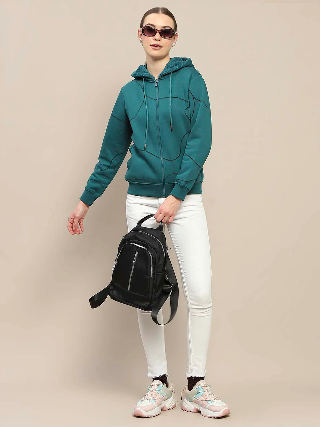 Madame Geometric Print Zipped Teal Hooded Sweatshirt