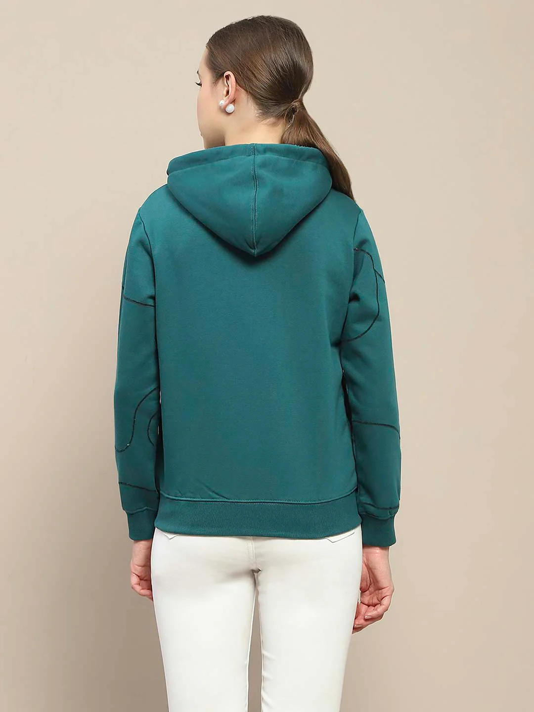 Madame Geometric Print Zipped Teal Hooded Sweatshirt - Image 5