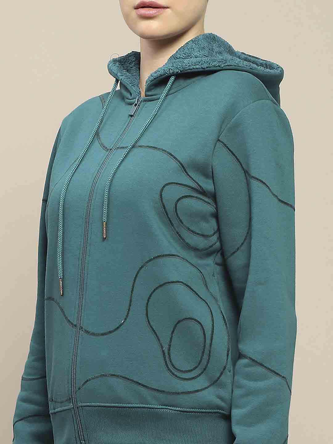 Madame Geometric Print Zipped Teal Hooded Sweatshirt - Image 6