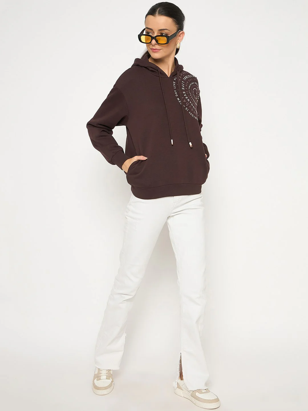 Madame Placement Printed Pearl Detailed Brown Sweatshirt - Image 2