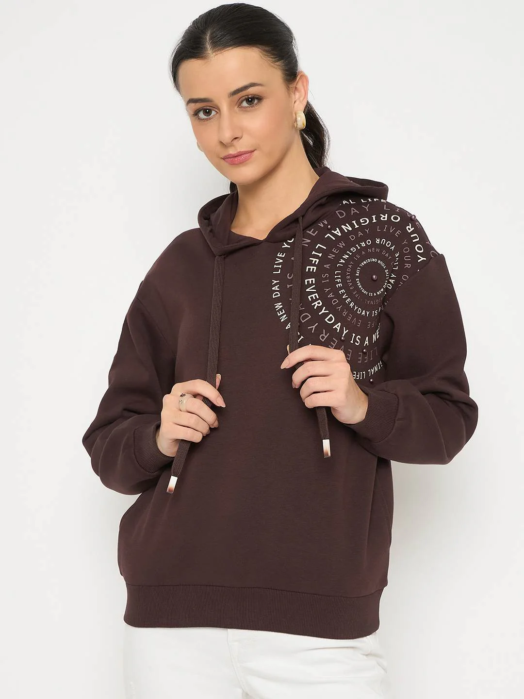Madame Placement Printed Pearl Detailed Brown Sweatshirt - Image 3