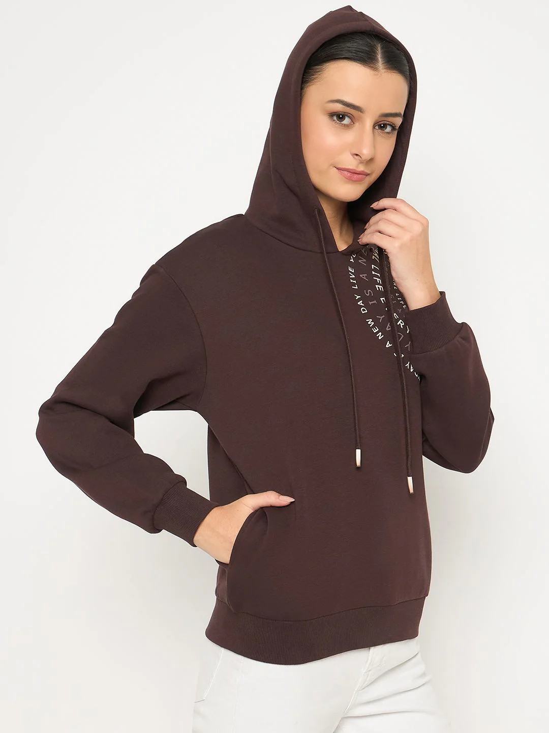 Madame Placement Printed Pearl Detailed Brown Sweatshirt - Image 4