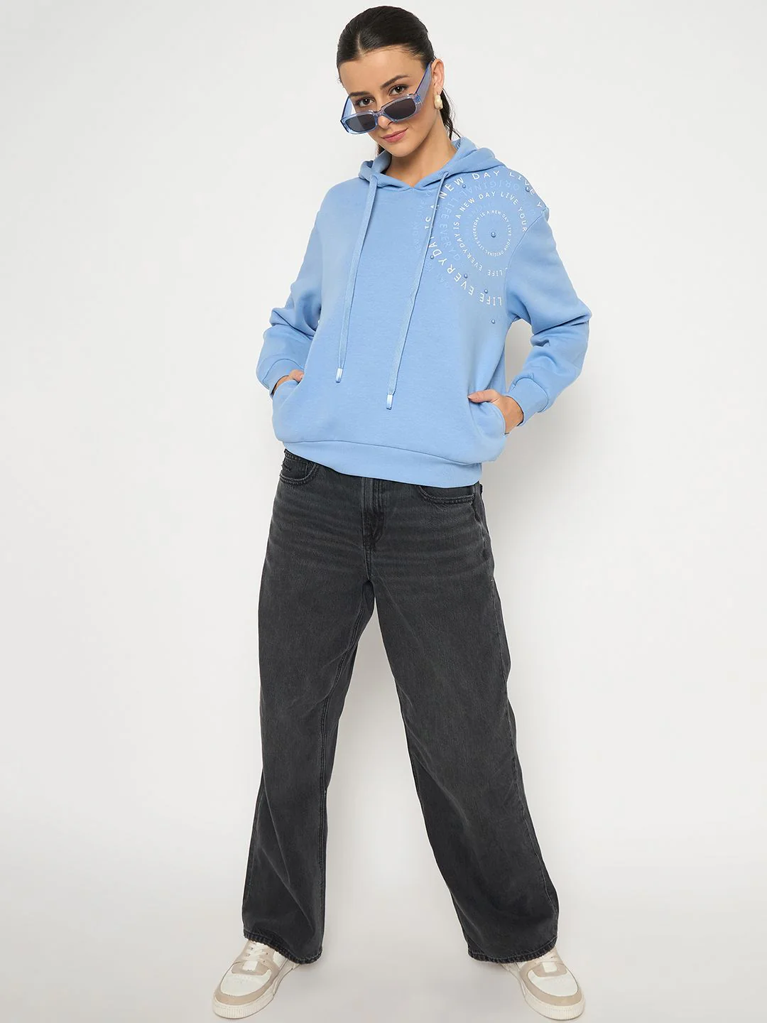 Madame Placement Printed Pearl Detailed Powder Blue Sweatshirt - Image 2
