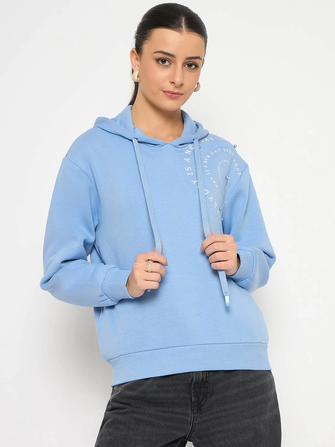 Madame Placement Printed Pearl Detailed Powder Blue Sweatshirt - Image 3