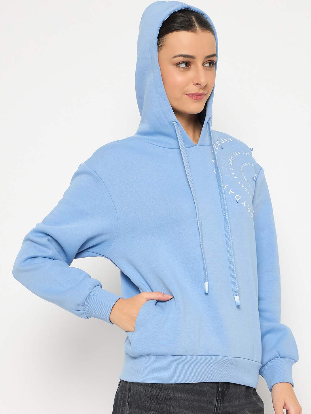 Madame Placement Printed Pearl Detailed Powder Blue Sweatshirt - Image 4