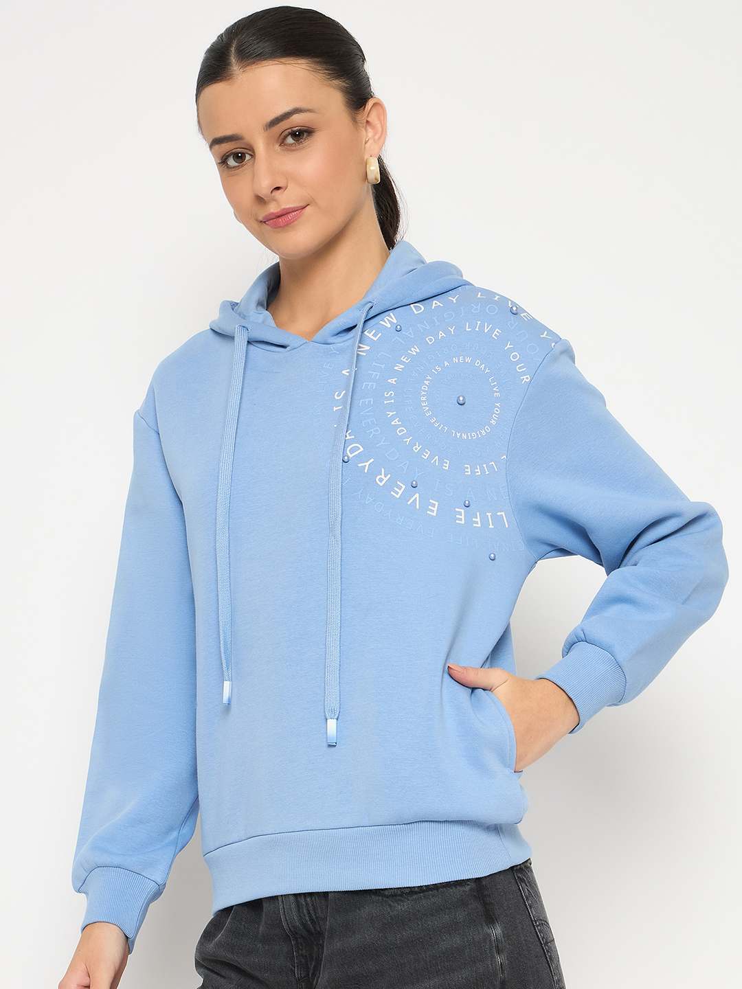 Madame Placement Printed Pearl Detailed Powder Blue Sweatshirt - Image 5