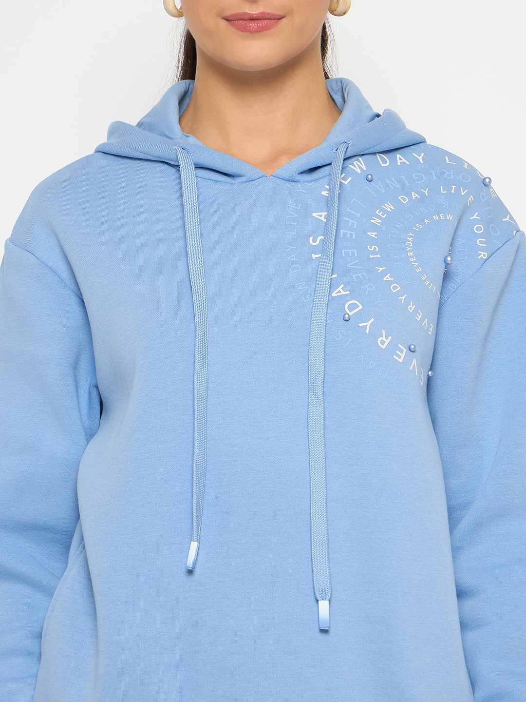 Madame Placement Printed Pearl Detailed Powder Blue Sweatshirt - Image 7