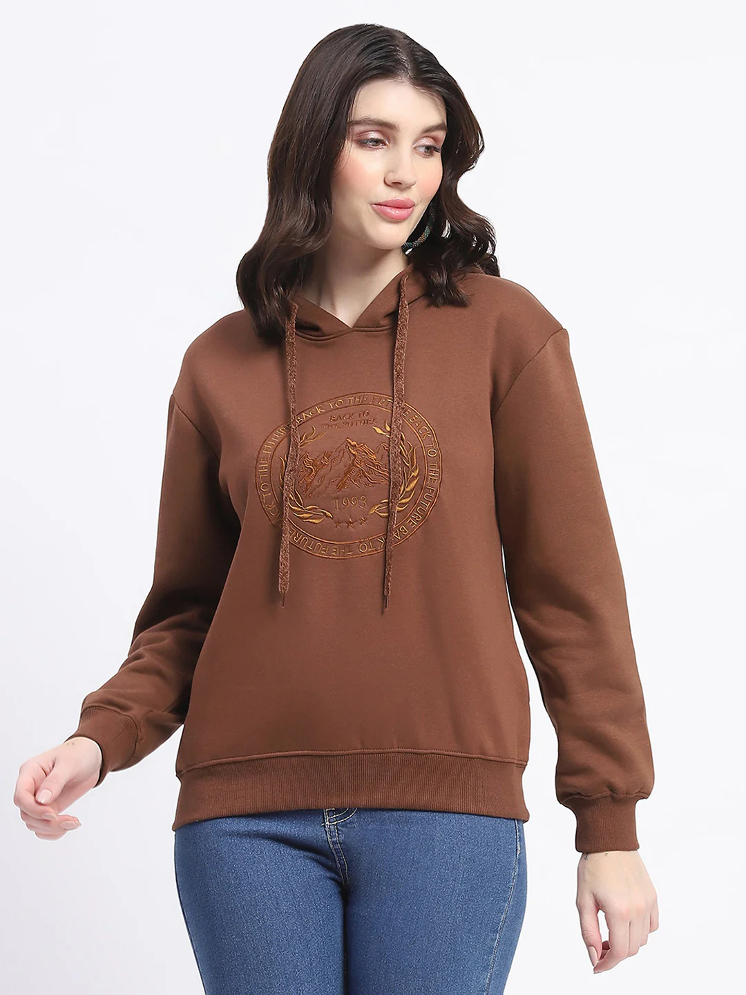 Madame Fleece Embroidered Closed Brown Hooded Sweatshirt - Image 2