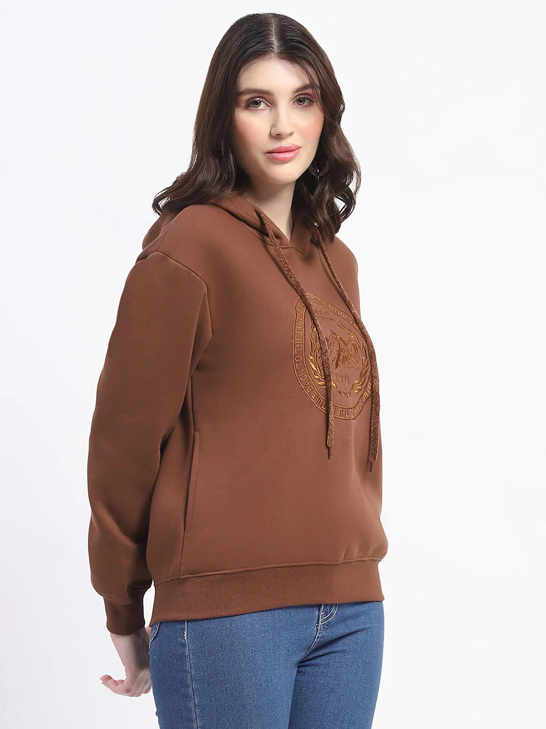 Madame Fleece Embroidered Closed Brown Hooded Sweatshirt - Image 3