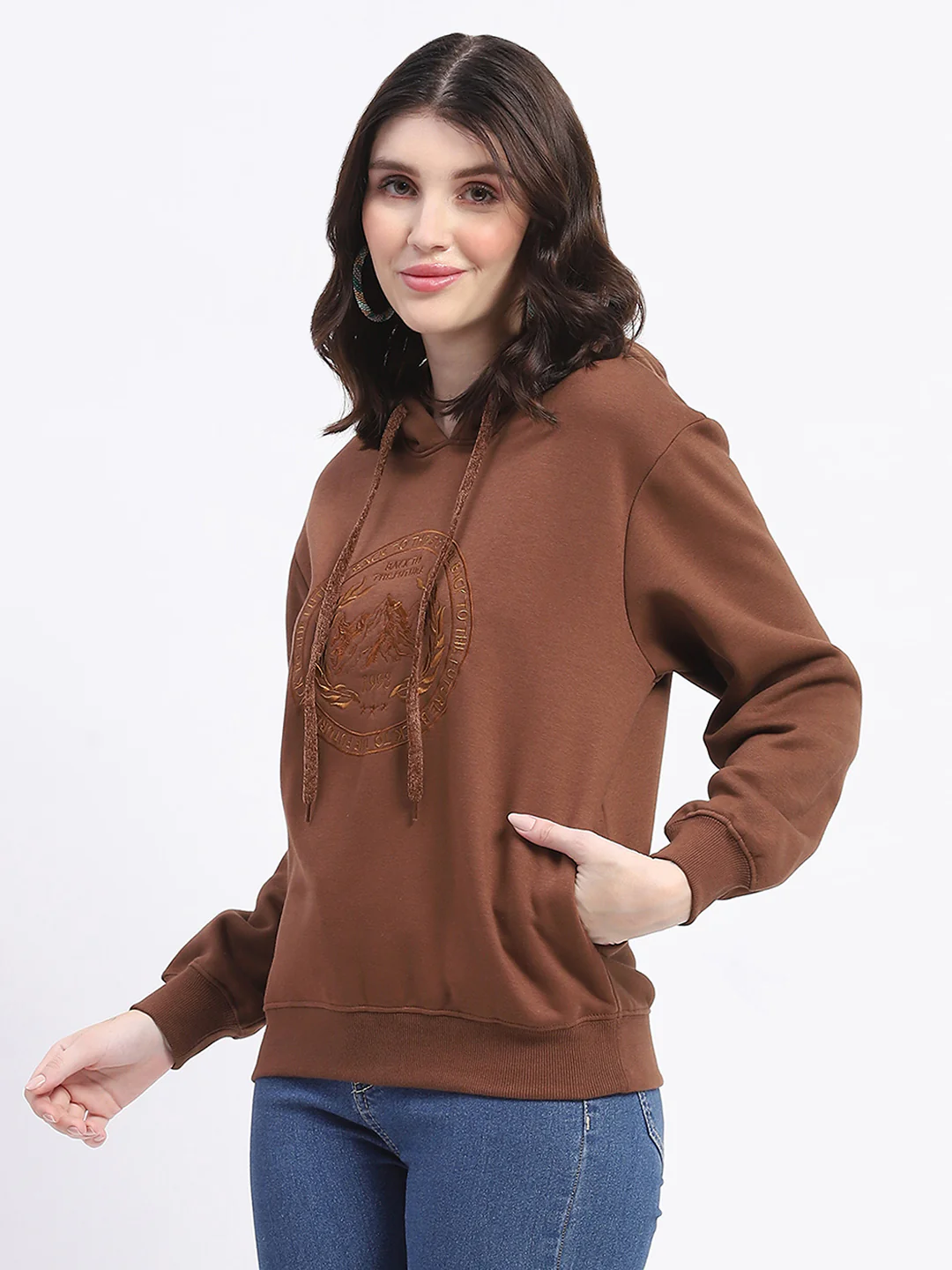 Madame Fleece Embroidered Closed Brown Hooded Sweatshirt - Image 4