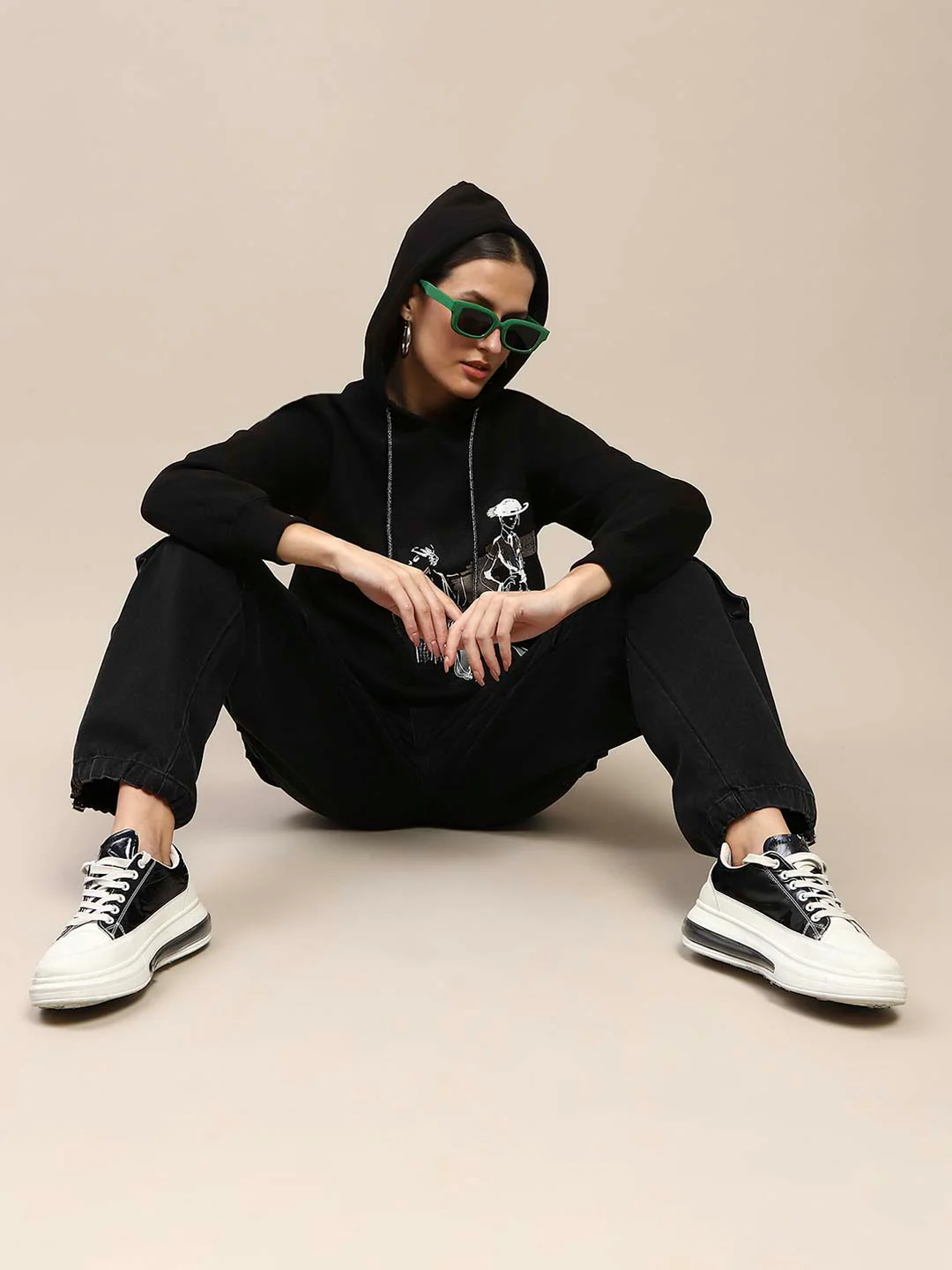 Madame Fleece Placement Print Black Hooded Sweatshirt - Image 2