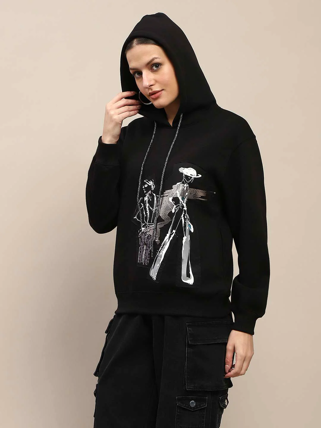 Madame Fleece Placement Print Black Hooded Sweatshirt - Image 5