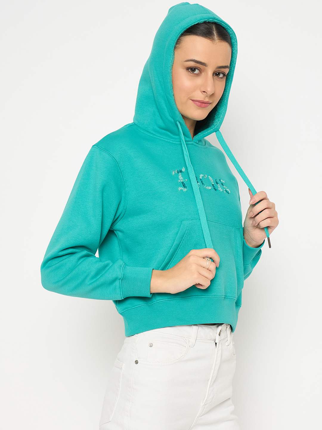 Madame Fleece Placement Printed Handwork Detailed Turquoise Sweatshirt - Image 4