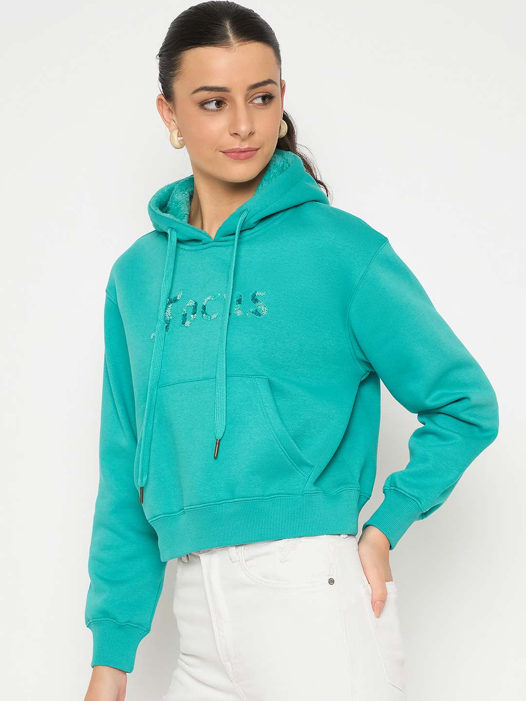 Madame Fleece Placement Printed Handwork Detailed Turquoise Sweatshirt - Image 5
