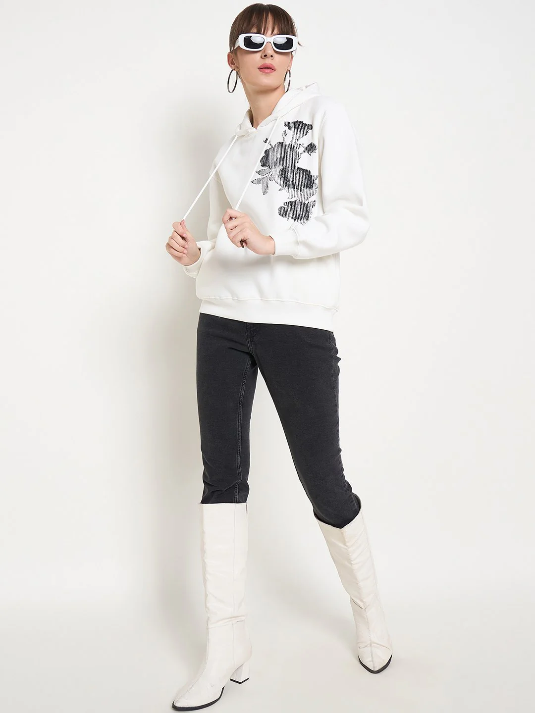 Madame Floral Print Adorned Cotton Blend White Sweatshirt - Image 2