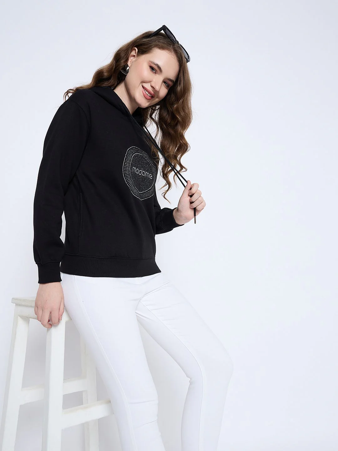 Madame Graphic Print Loose Fit Black Hooded Sweatshirt