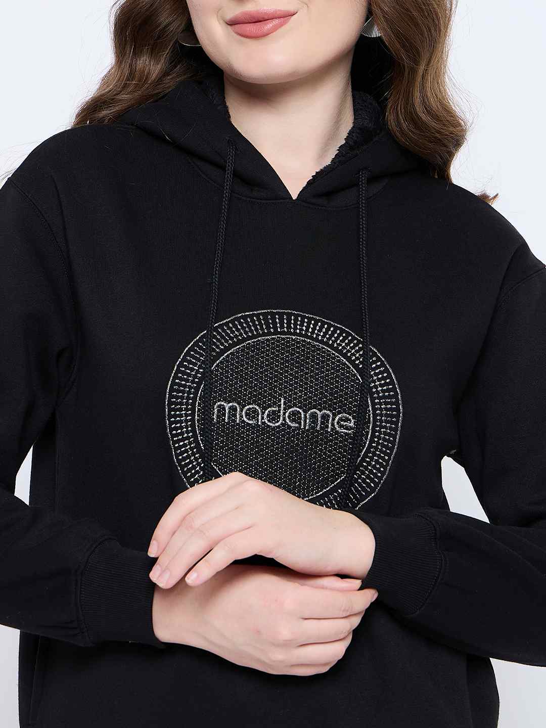 Madame Graphic Print Loose Fit Black Hooded Sweatshirt - Image 7