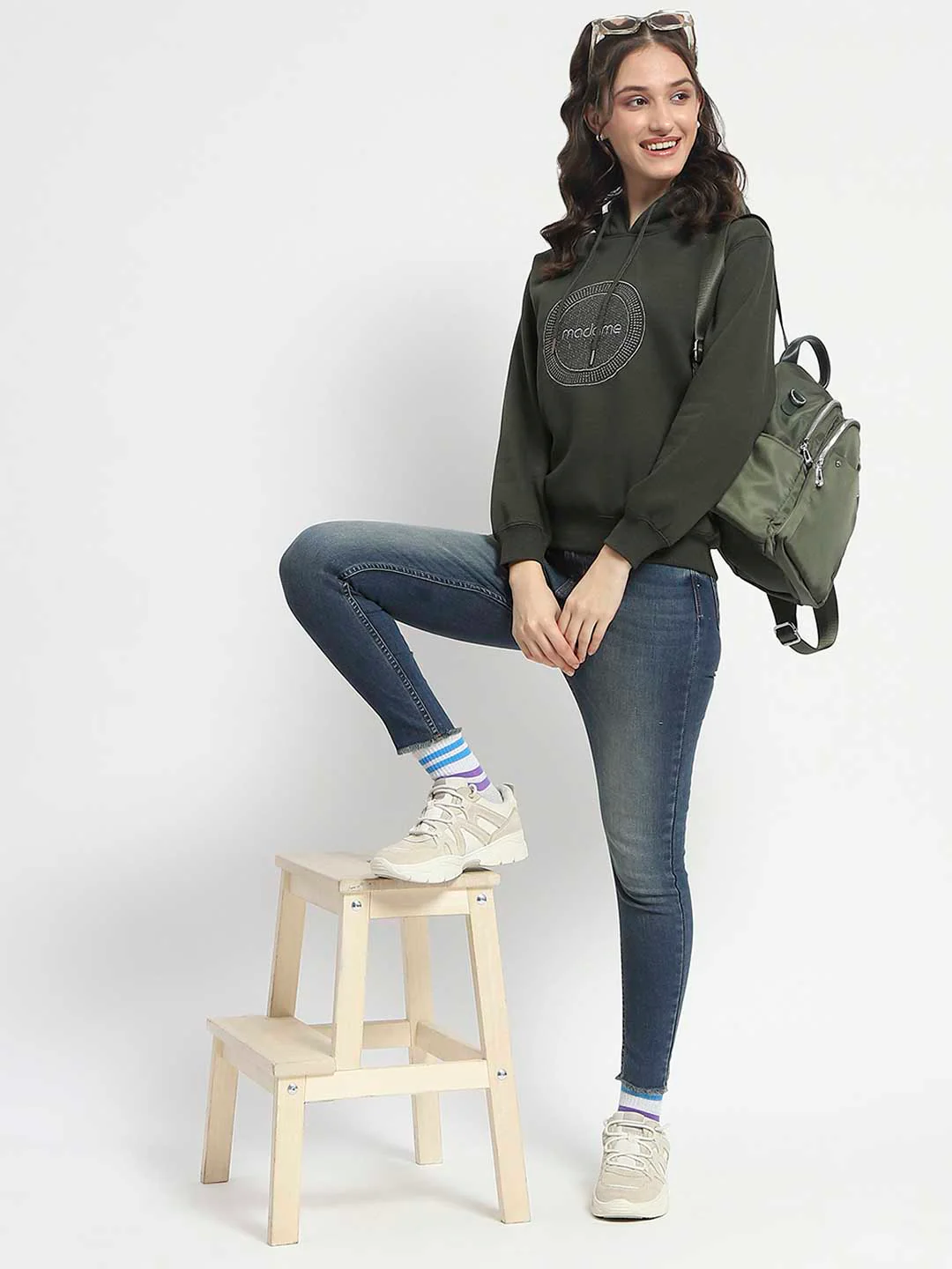 Madame Abstract Print Hooded Olive Cotton Sweatshirt - Image 2