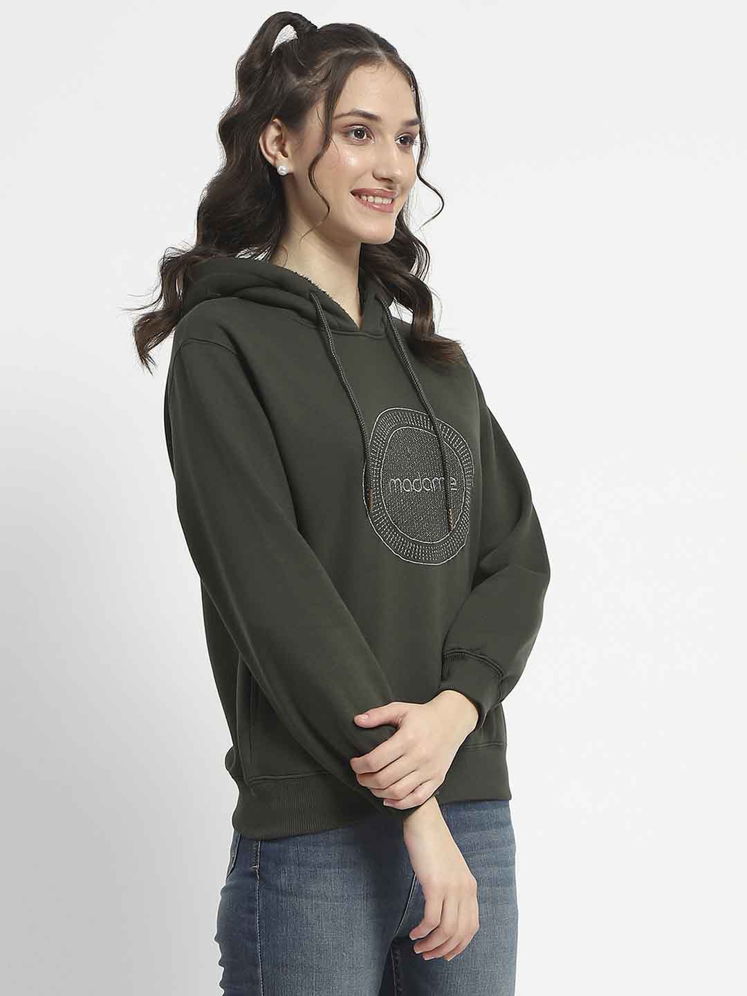 Madame Abstract Print Hooded Olive Cotton Sweatshirt - Image 4