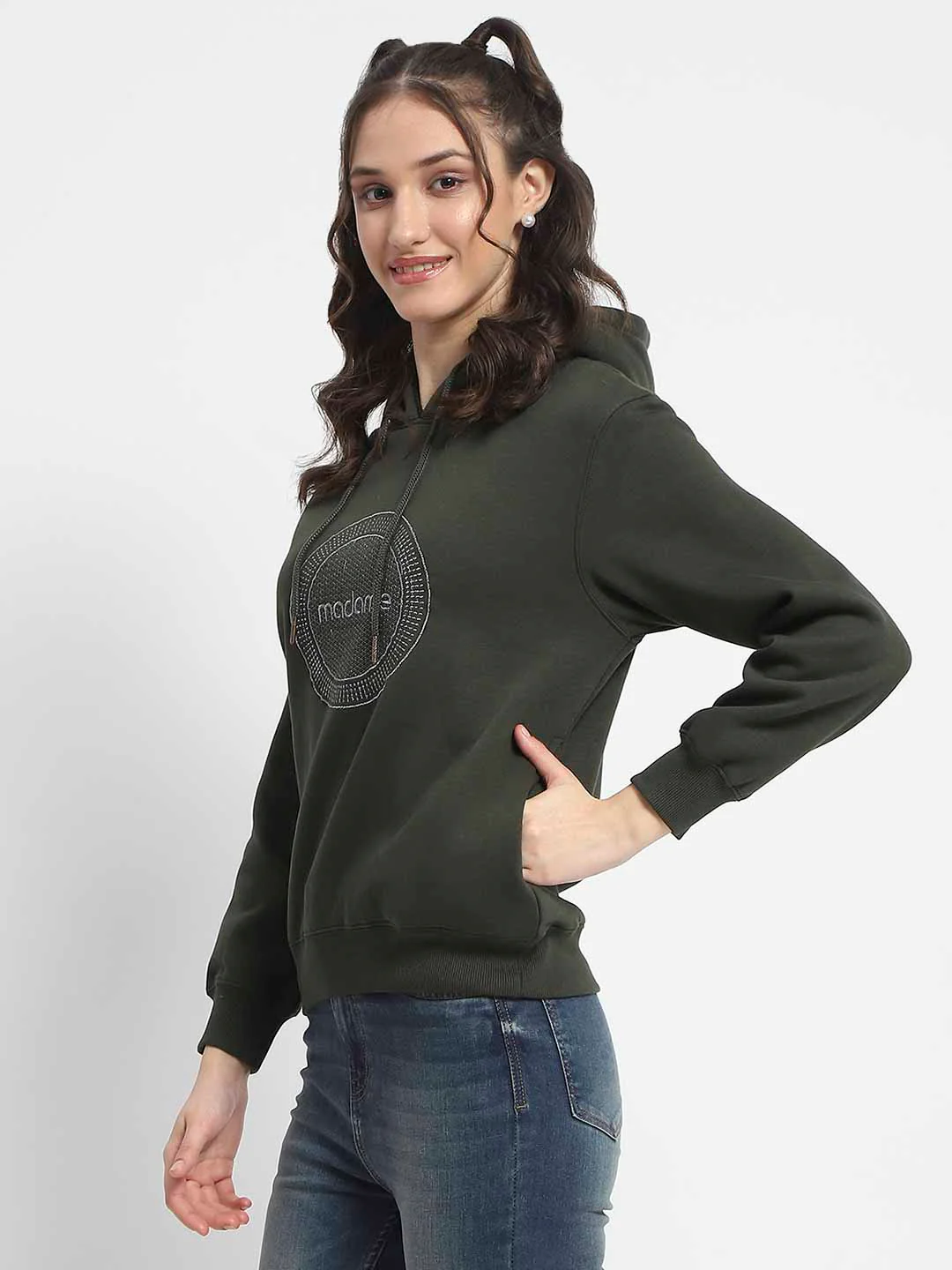 Madame Abstract Print Hooded Olive Cotton Sweatshirt - Image 5