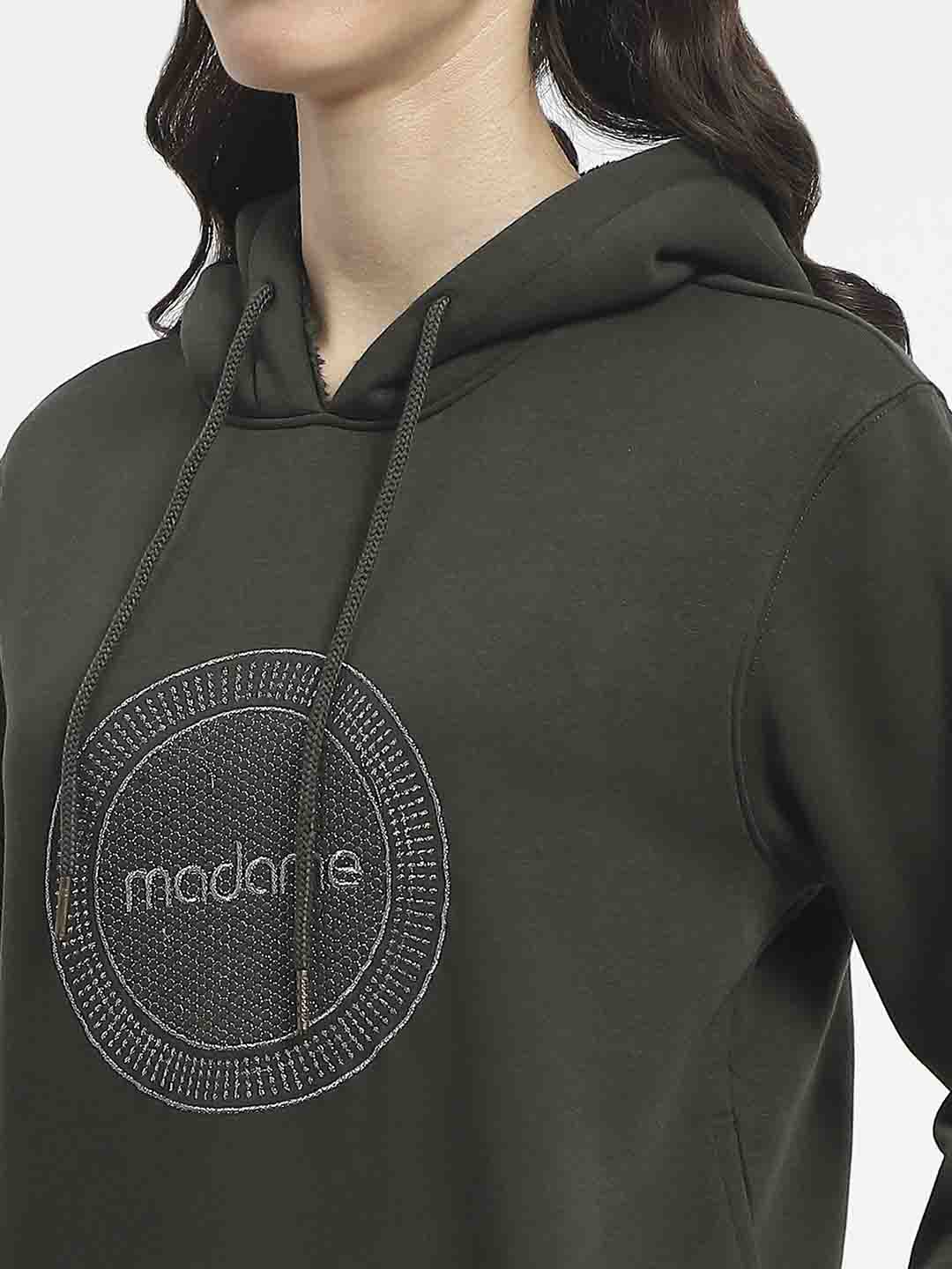 Madame Abstract Print Hooded Olive Cotton Sweatshirt - Image 7