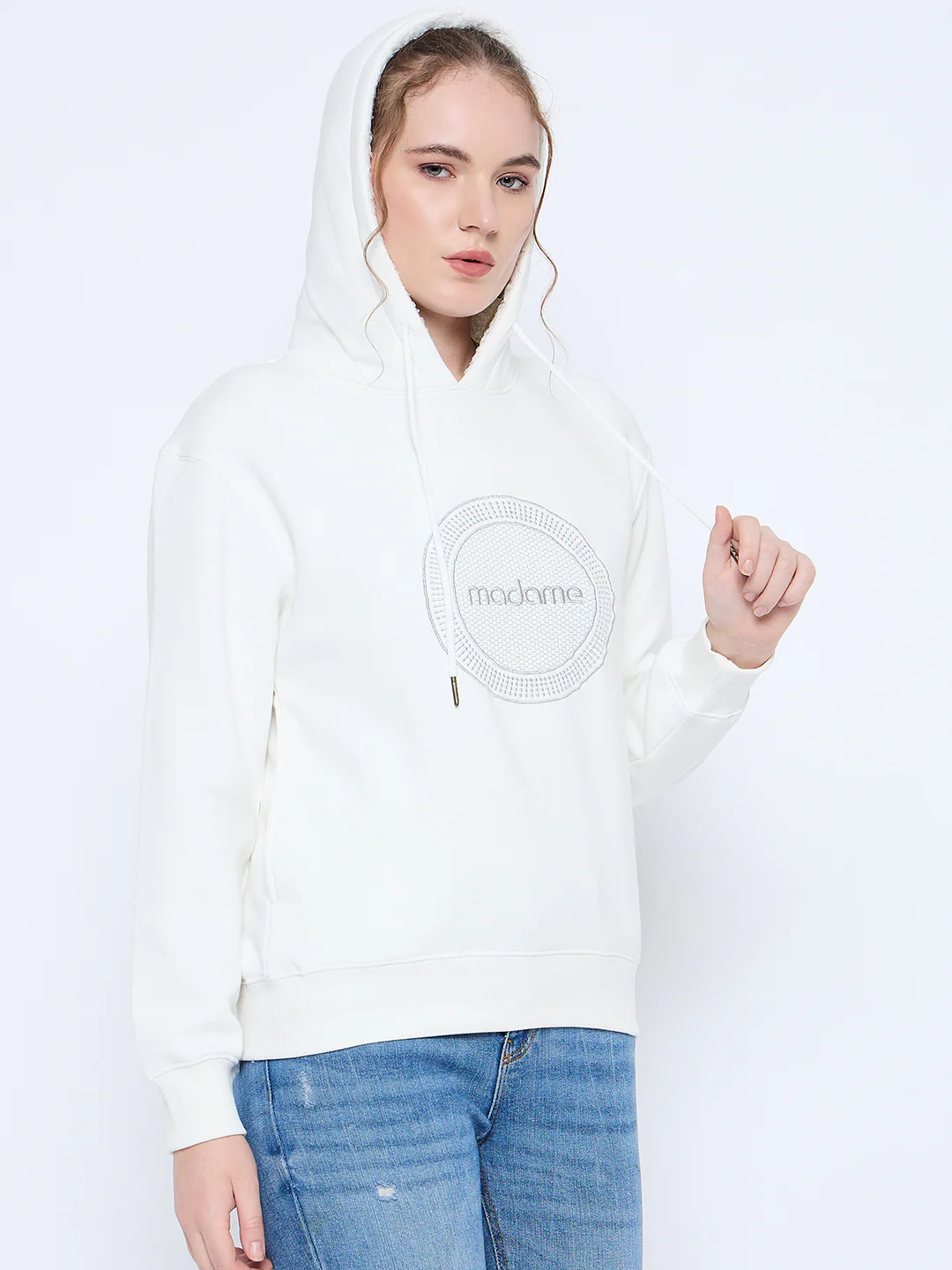 Madame Graphic Print Loose Fit White Hooded Sweatshirt - Image 3