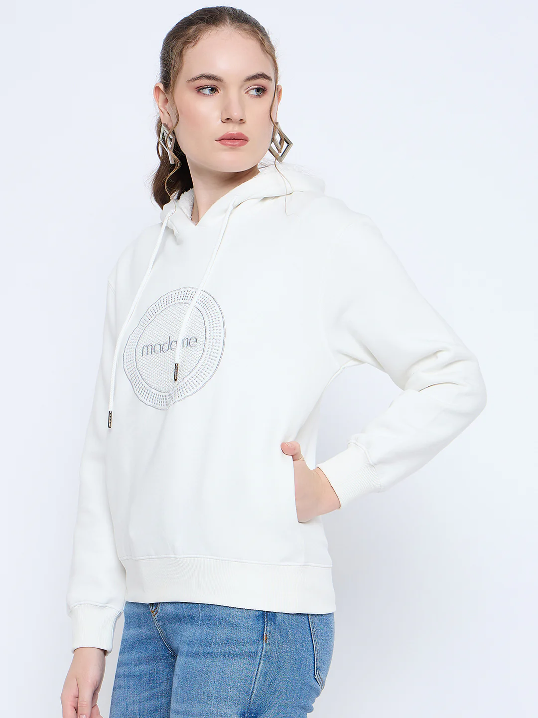 Madame Graphic Print Loose Fit White Hooded Sweatshirt - Image 4