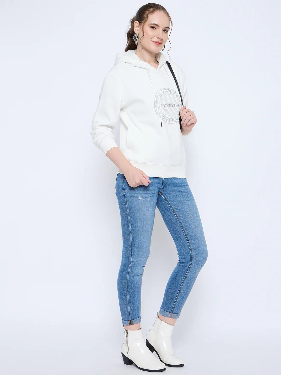 Madame Graphic Print Loose Fit White Hooded Sweatshirt - Image 6