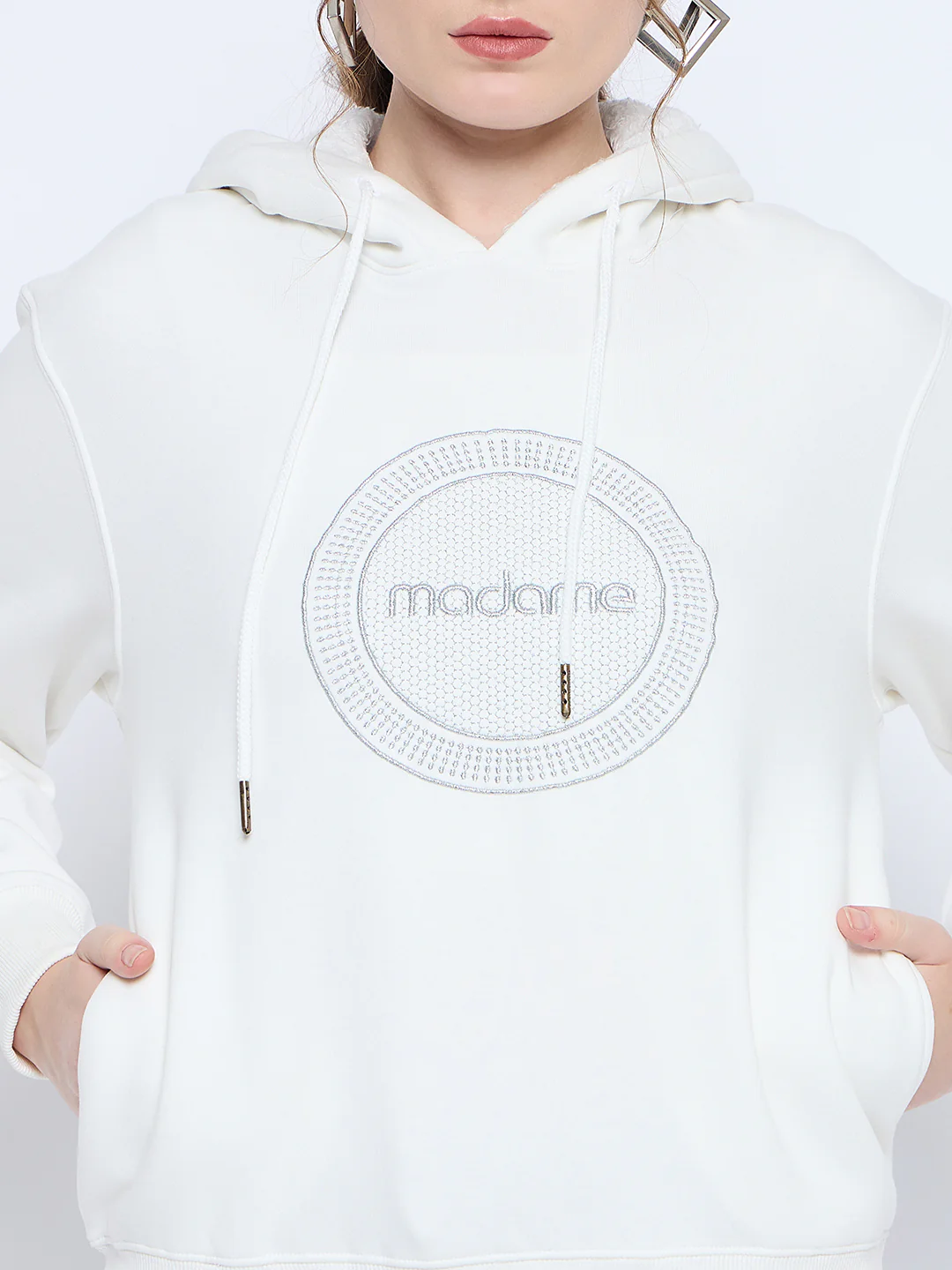 Madame Graphic Print Loose Fit White Hooded Sweatshirt - Image 7